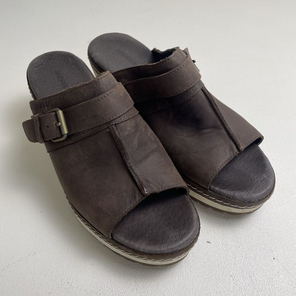 Merrill Halendi sandals women 8 brown nubuck platform chunky heel peep Slip On